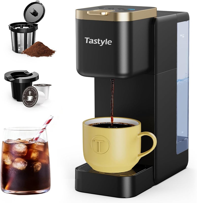 Tastyle Single Serve Coffee Maker, Iced and Hot Coffee Machine for K Cup & Grounds, Compact Design, 40oz Removable Water Reservoir, 6 to 24 Oz Brew Sizes, Fits 7.3" Travel Mug, Black+Gold - Image 1